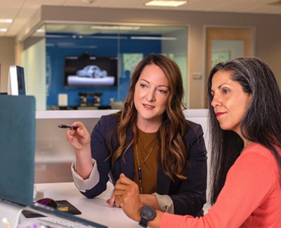Coworkers reviewing laptop