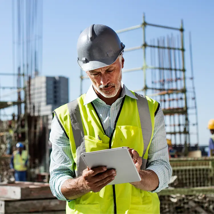 Construction worker reviewing plans on ipad